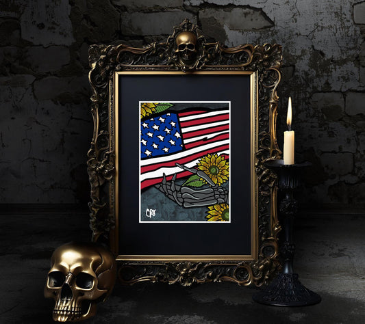 Gothic American Skeleton Art Print – 11x14 Matted, Patriotic Design with Sunflowers, Hand-Drawn & Signed Artwork