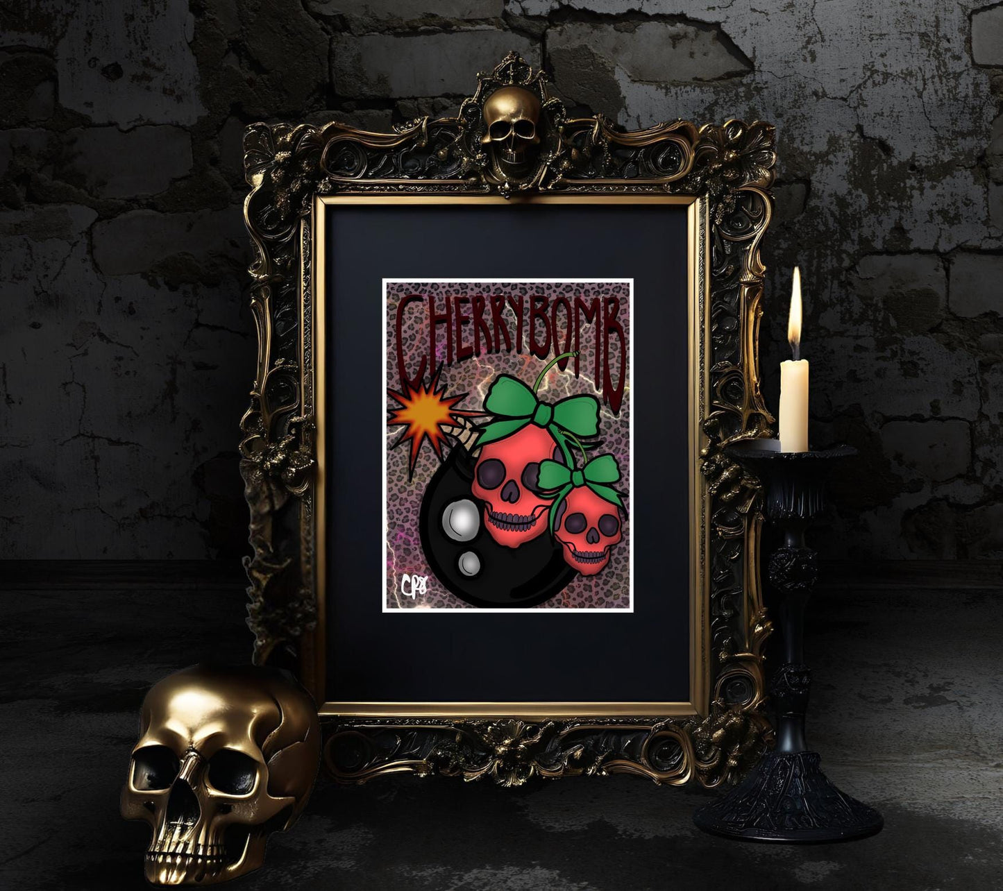 Gothic Skull Cherry Bomb Art Print – 11x14 Matted, Leopard Print & ‘Cherrybomb’ Mantra, Hand-Drawn, Signed Artwork