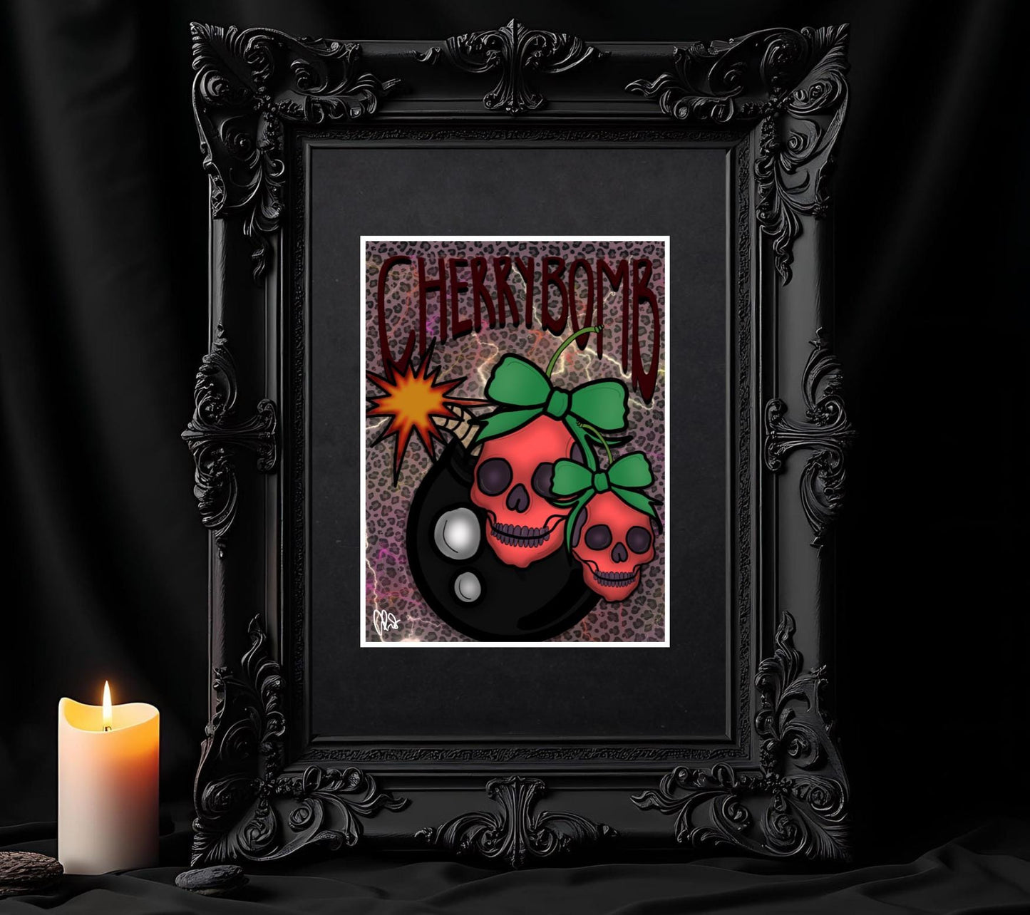 Gothic Skull Cherry Bomb Art Print – 11x14 Matted, Leopard Print & ‘Cherrybomb’ Mantra, Hand-Drawn, Signed Artwork