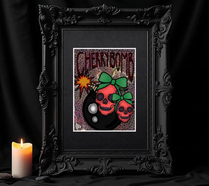 Gothic Skull Cherry Bomb Art Print – 11x14 Matted, Leopard Print & ‘Cherrybomb’ Mantra, Hand-Drawn, Signed Artwork