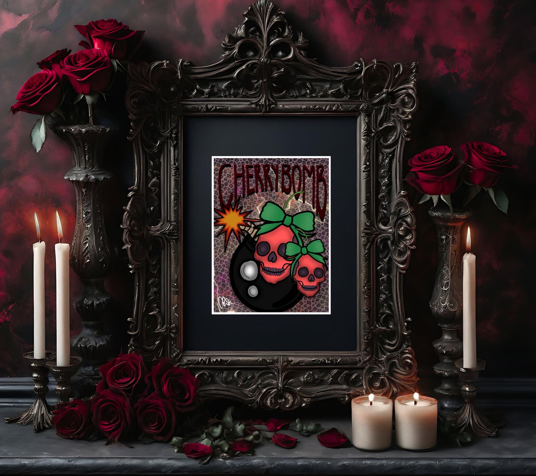 Gothic Skull Cherry Bomb Art Print – 11x14 Matted, Leopard Print & ‘Cherrybomb’ Mantra, Hand-Drawn, Signed Artwork