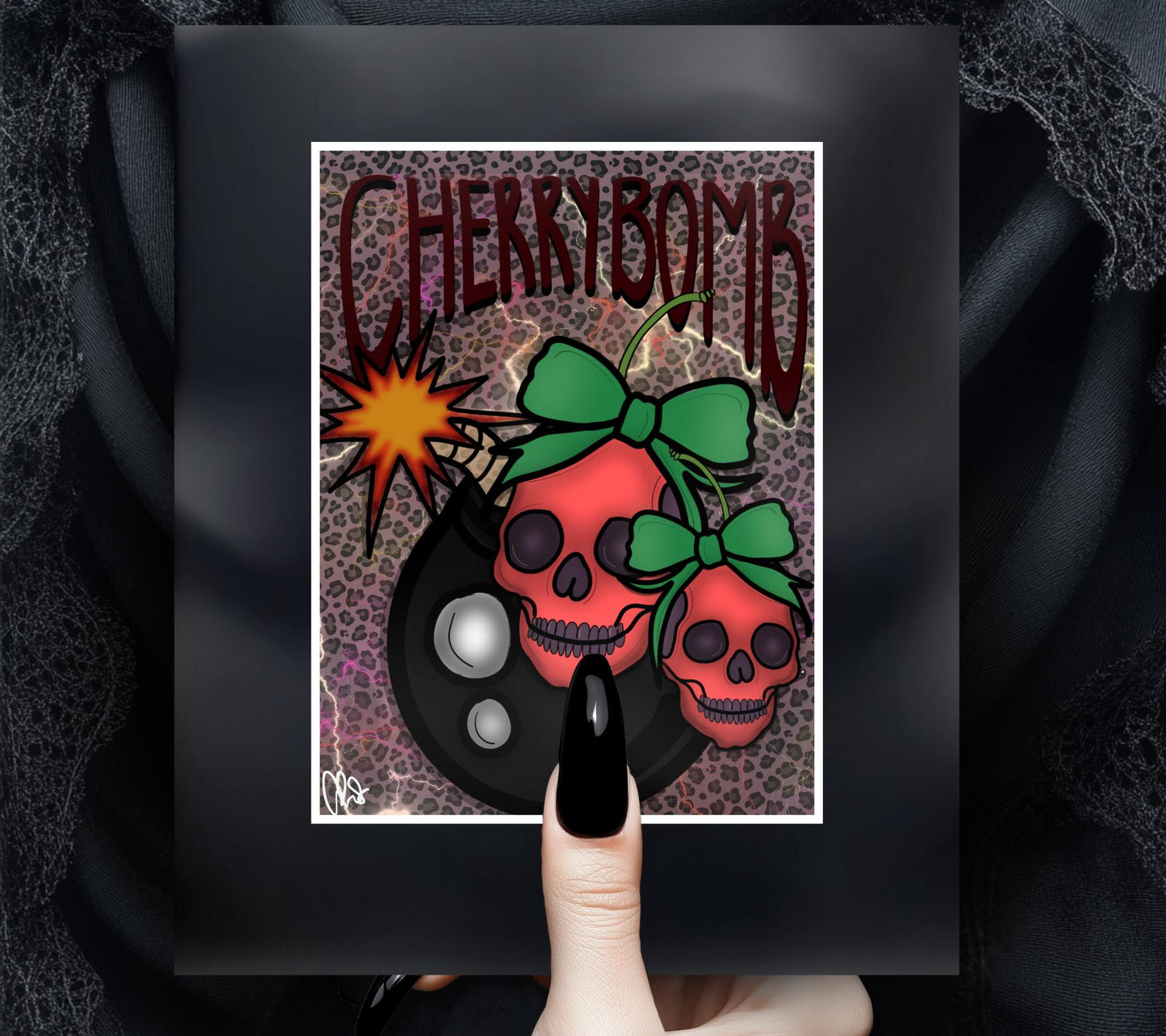 Gothic Skull Cherry Bomb Art Print – 11x14 Matted, Leopard Print & ‘Cherrybomb’ Mantra, Hand-Drawn, Signed Artwork