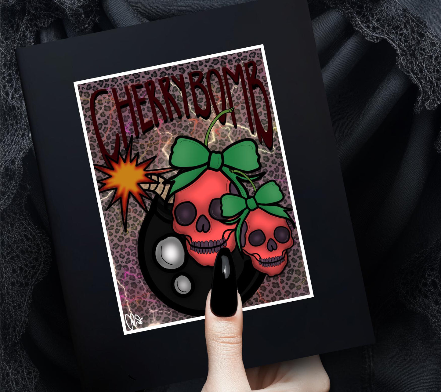 Gothic Skull Cherry Bomb Art Print – 11x14 Matted, Leopard Print & ‘Cherrybomb’ Mantra, Hand-Drawn, Signed Artwork