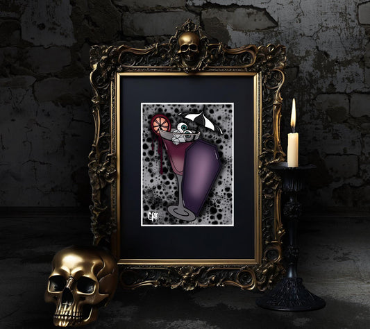 Gothic Martini Art Print - Eyeball Olives, Coffin Accent & Gothic Umbrella, 11x14 Matted, Hand-Drawn and Signed Artwork