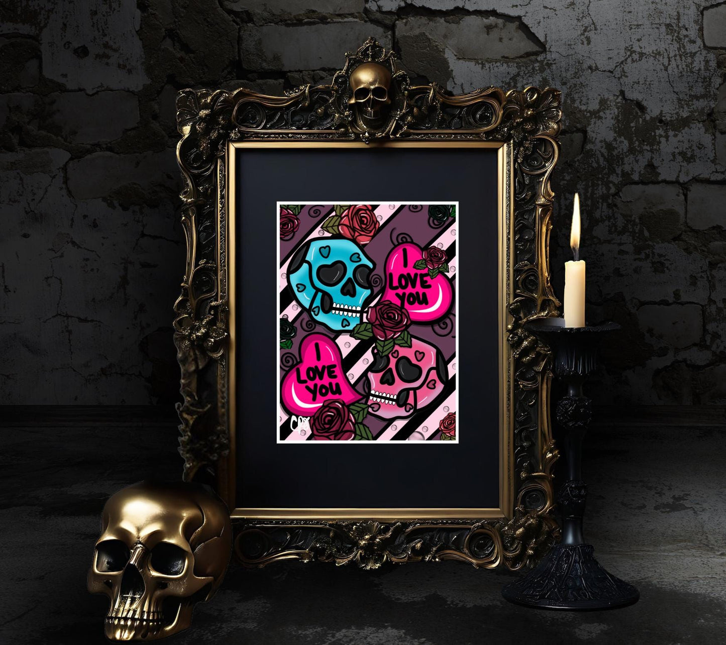 Gothic Valentine’s Day Art Print – Skulls, Conversation Hearts & Roses, 11x14 Matted, Romantic Dark Aesthetic Home Decor