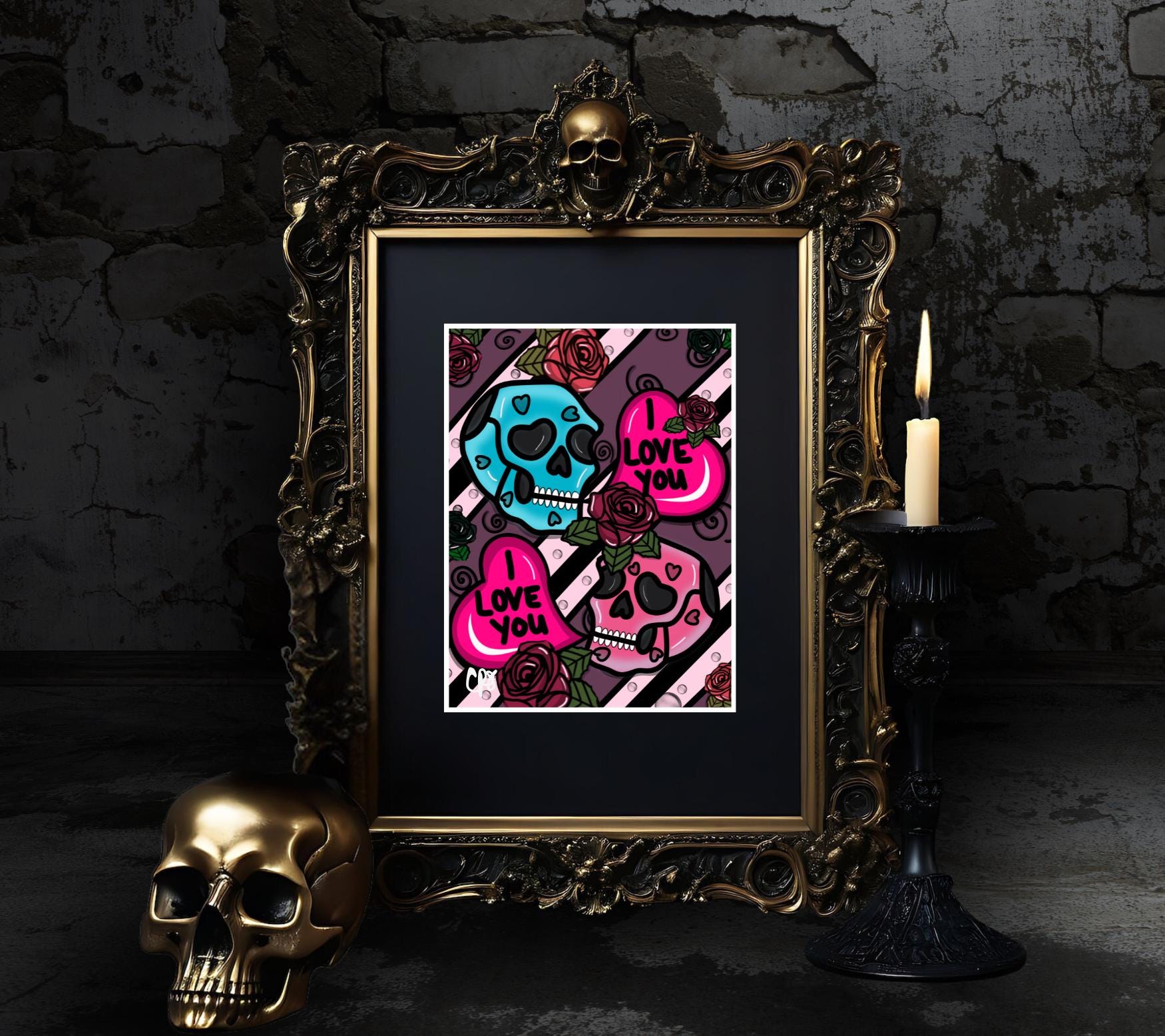 Gothic Valentine’s Day Art Print – Skulls, Conversation Hearts & Roses, 11x14 Matted, Romantic Dark Aesthetic Home Decor