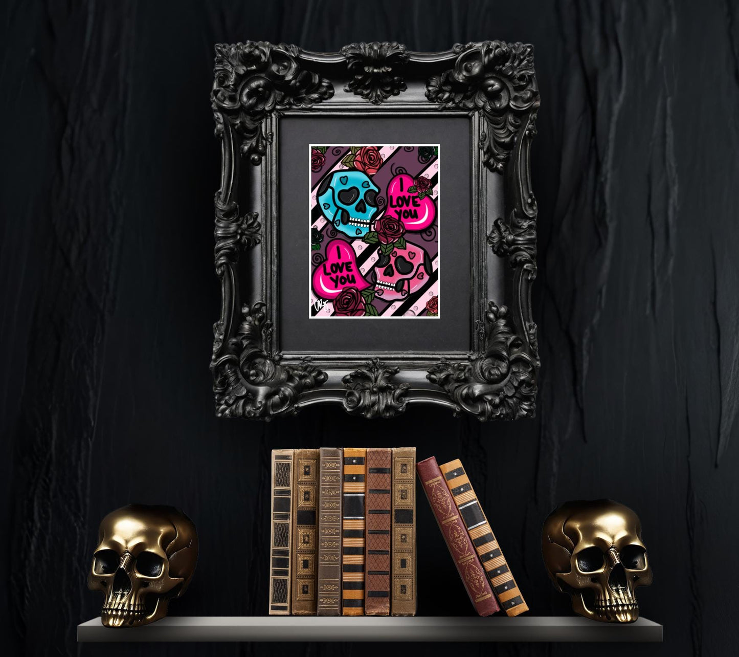 Gothic Valentine’s Day Art Print – Skulls, Conversation Hearts & Roses, 11x14 Matted, Romantic Dark Aesthetic Home Decor