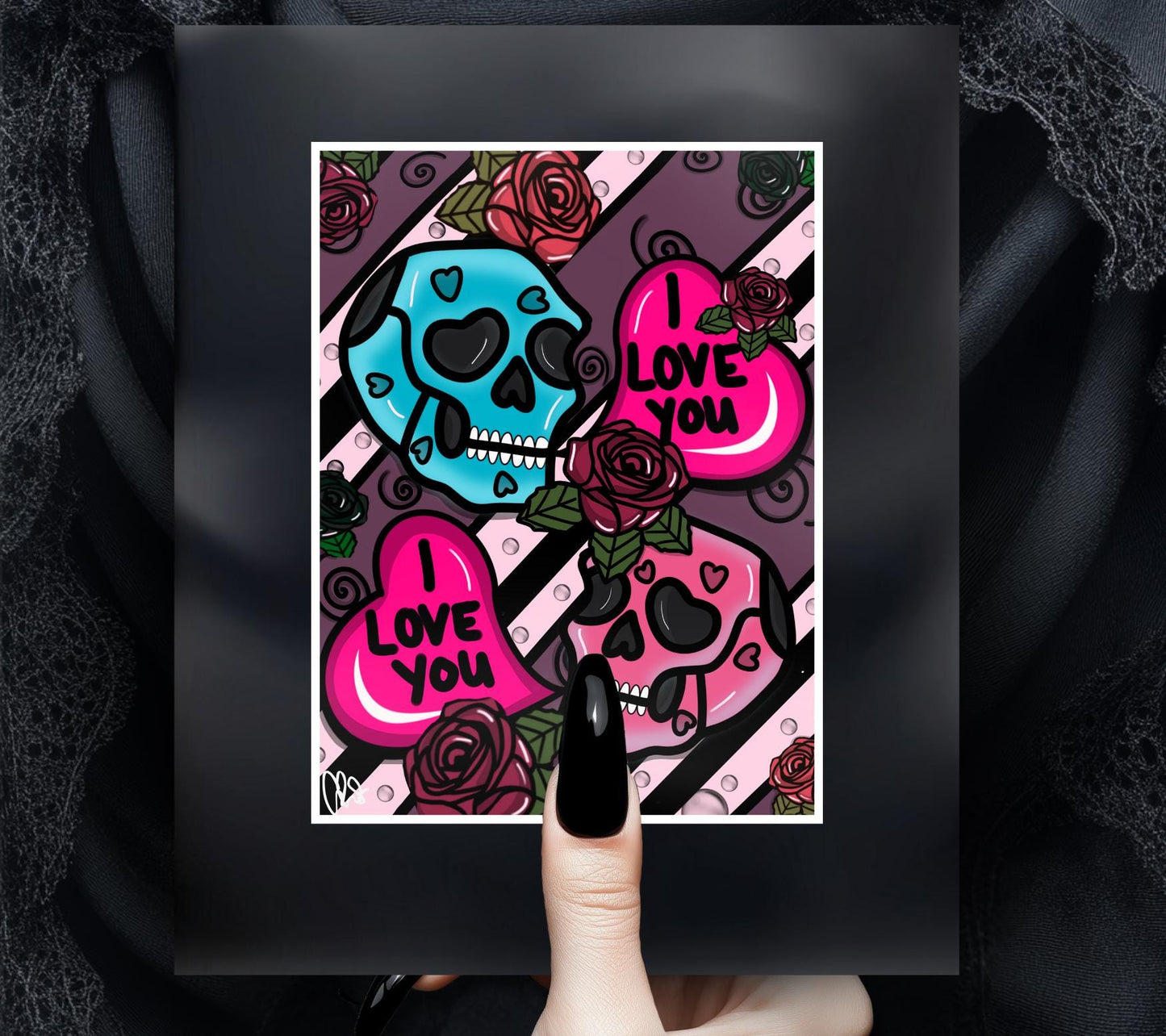 Gothic Valentine’s Day Art Print – Skulls, Conversation Hearts & Roses, 11x14 Matted, Romantic Dark Aesthetic Home Decor