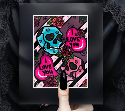 Gothic Valentine’s Day Art Print – Skulls, Conversation Hearts & Roses, 11x14 Matted, Romantic Dark Aesthetic Home Decor