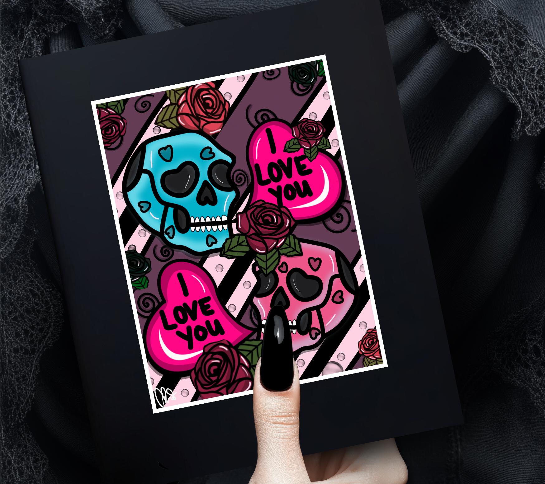 Gothic Valentine’s Day Art Print – Skulls, Conversation Hearts & Roses, 11x14 Matted, Romantic Dark Aesthetic Home Decor