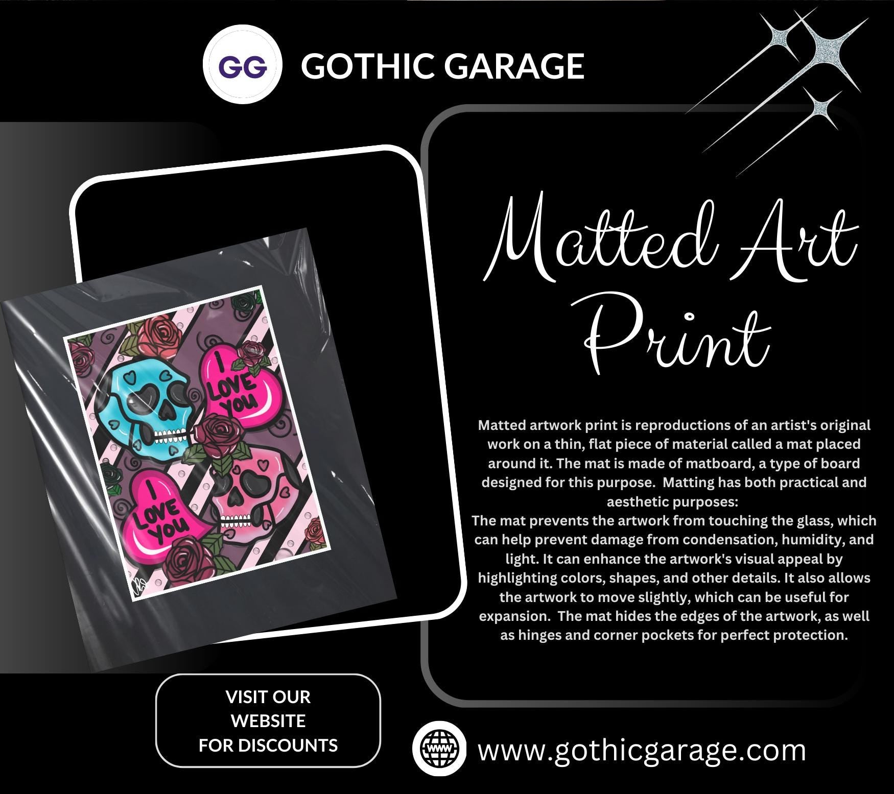 Gothic Valentine’s Day Art Print – Skulls, Conversation Hearts & Roses, 11x14 Matted, Romantic Dark Aesthetic Home Decor