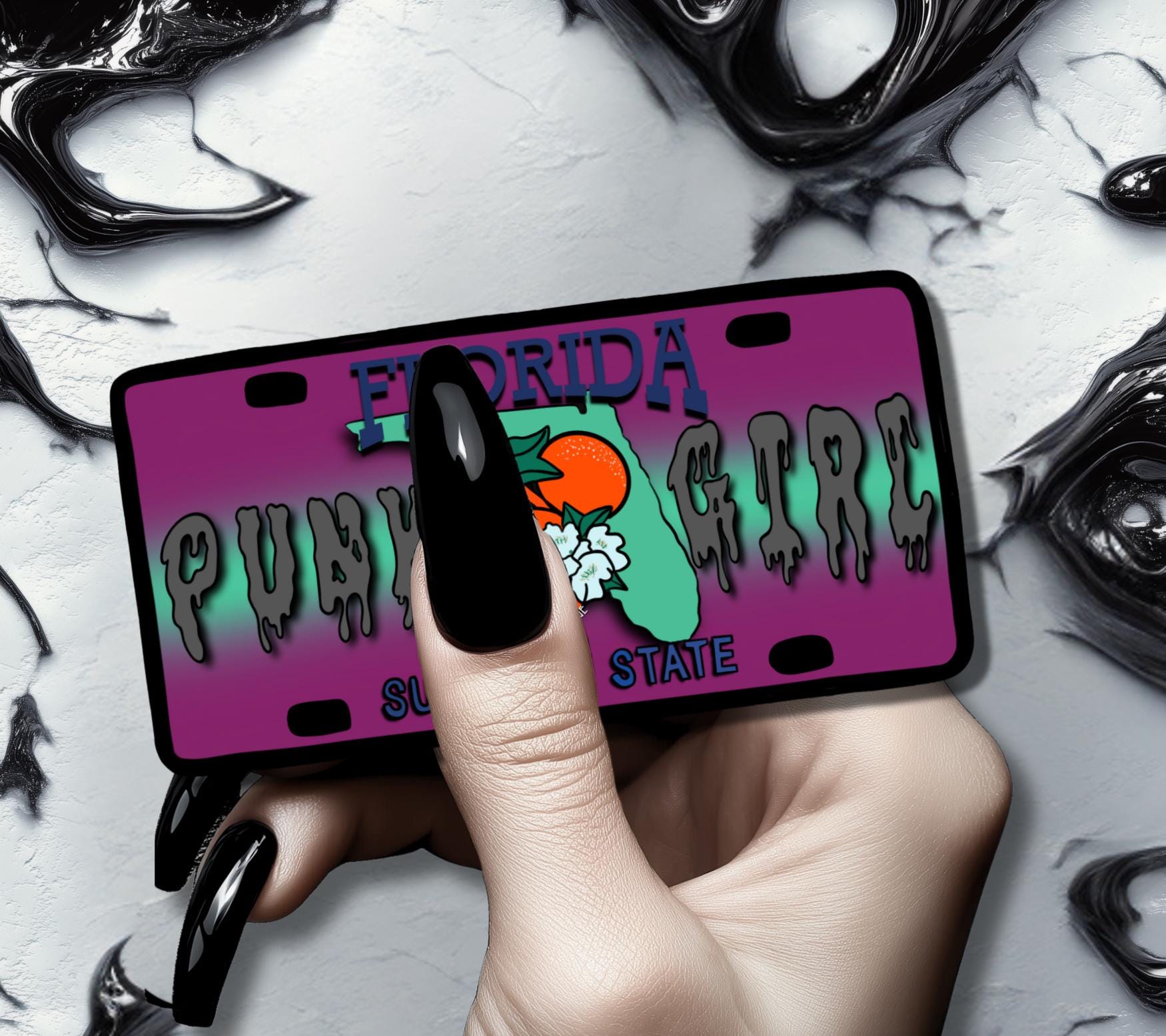 State Goth Girl License Plate, Customize Your Waterproof Die Cut Sticker, Choose Between Glossy or Holographic, Perfect Fun to any Surface