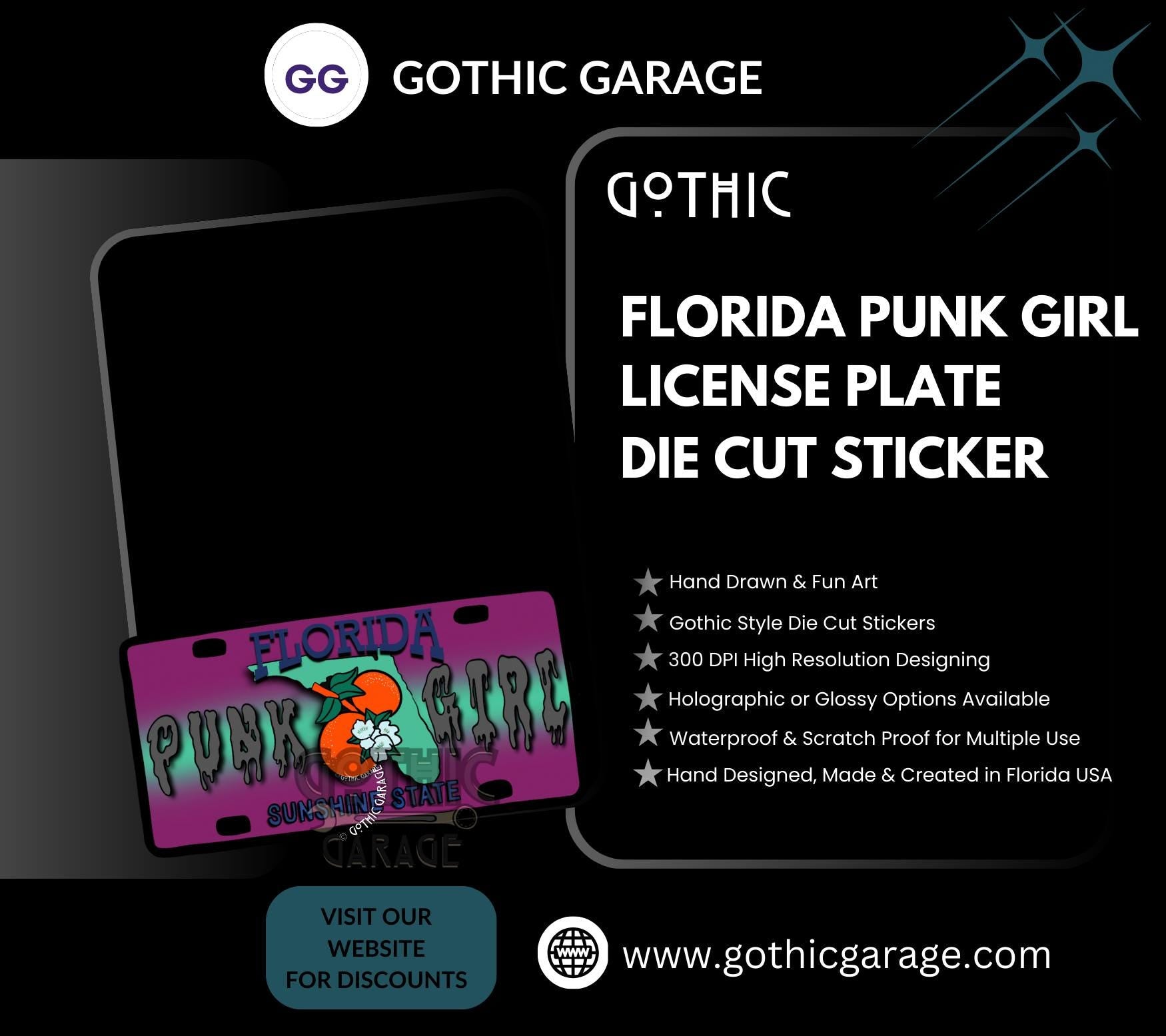 State Goth Girl License Plate, Customize Your Waterproof Die Cut Sticker, Choose Between Glossy or Holographic, Perfect Fun to any Surface