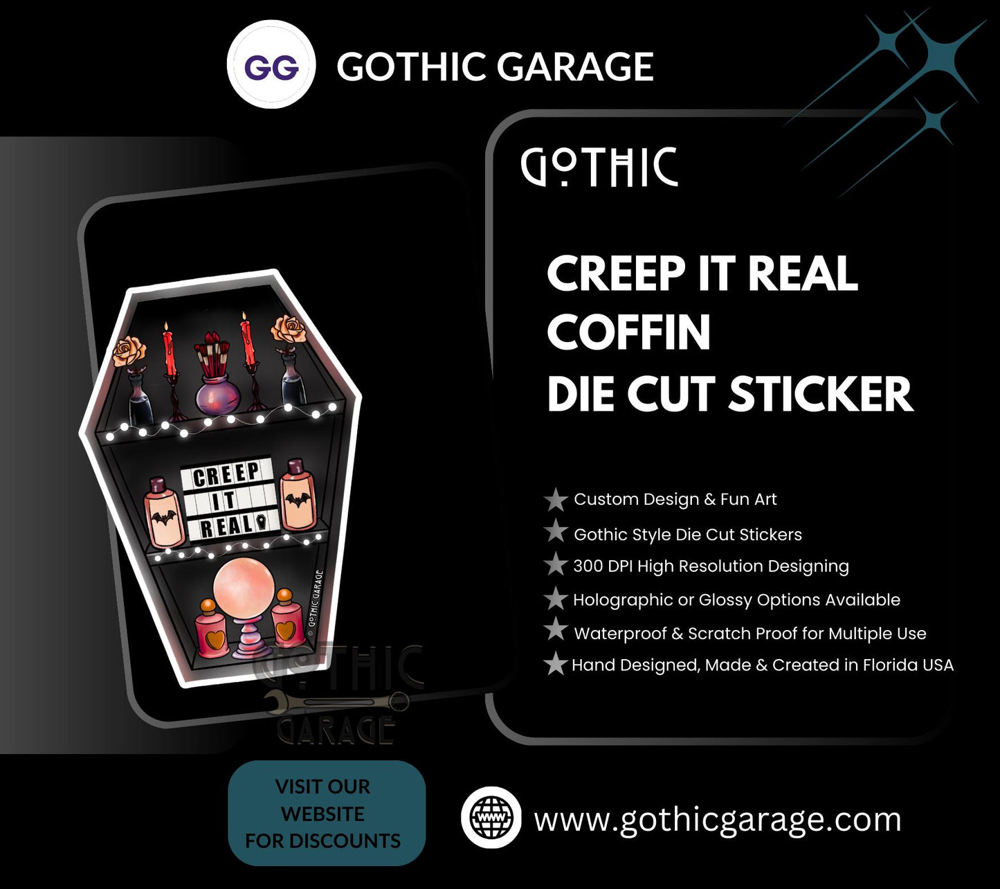 Creep it Real Coffin, Waterproof Die Cut Sticker, Choose Between Glossy or Holographic, Perfect to Add Fun to any Surface