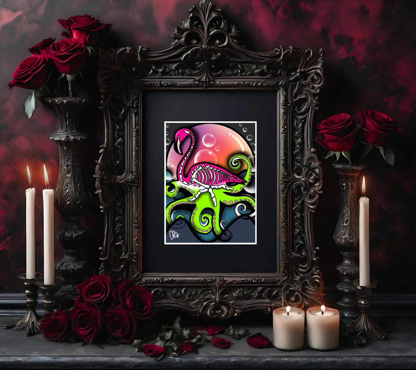 Sunset Flamingo Skeleton Octopus Art Print – Dark Gothic Ocean Vibes with a Surreal Twist, 11x14 Matted or Frameable 8x10 Design