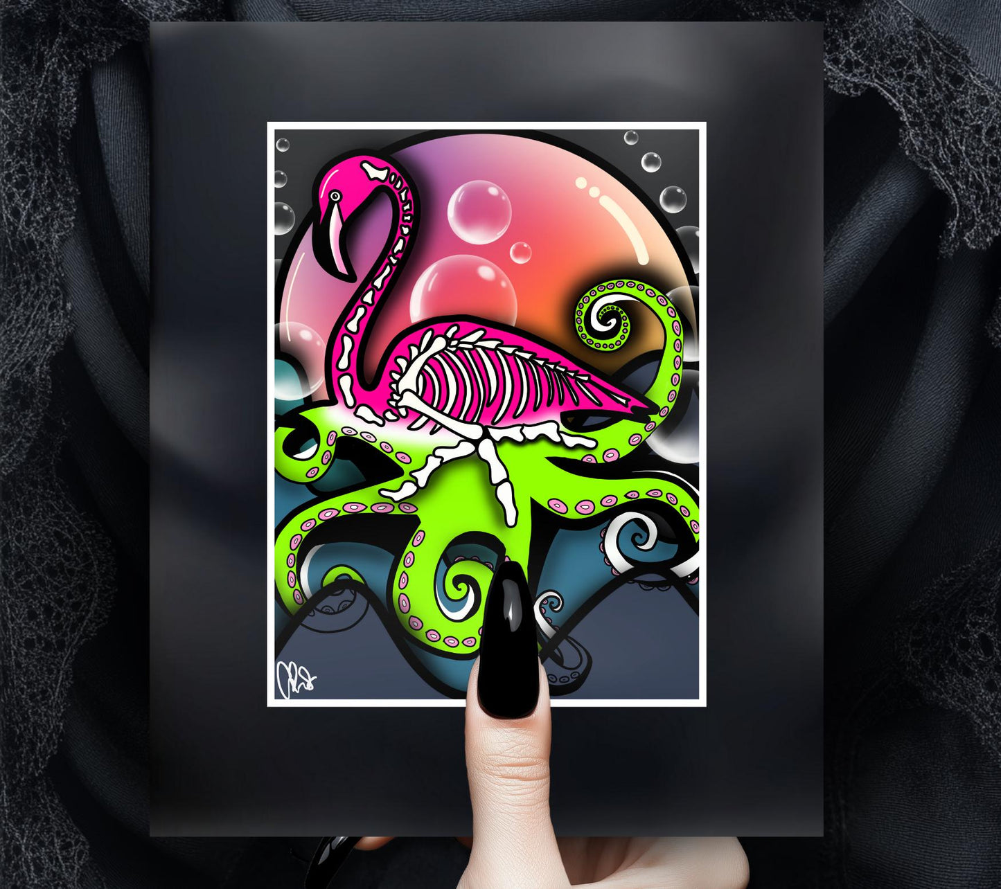 Sunset Flamingo Skeleton Octopus Art Print – Dark Gothic Ocean Vibes with a Surreal Twist, 11x14 Matted or Frameable 8x10 Design