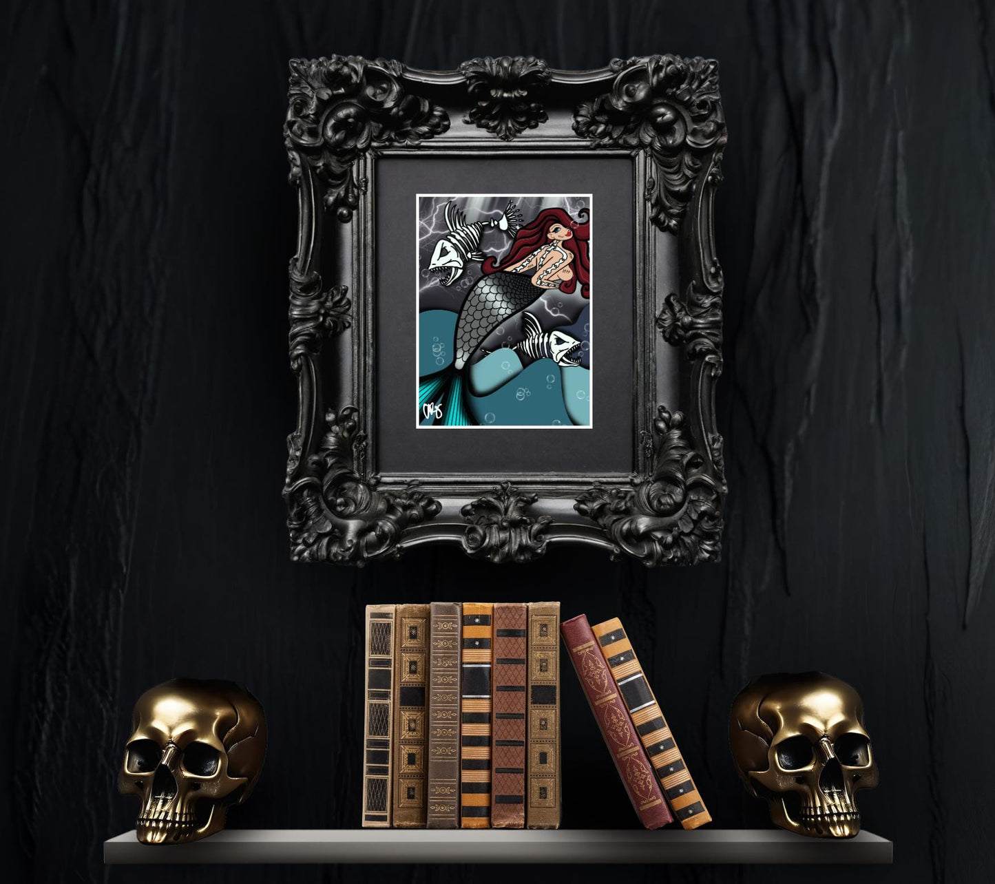 Skeleton Mermaid & Dead Sea Gothic Art Print – Haunting Red-Haired Siren with Dead Fish in Dark Ocean, 11x14 Matted Unique Decor