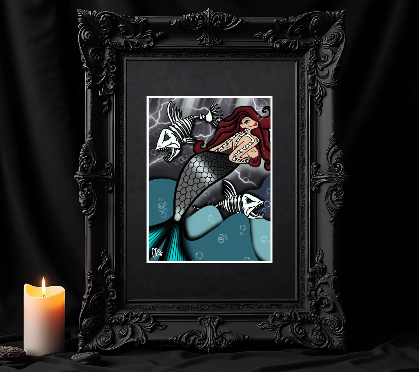 Skeleton Mermaid & Dead Sea Gothic Art Print – Haunting Red-Haired Siren with Dead Fish in Dark Ocean, 11x14 Matted Unique Decor