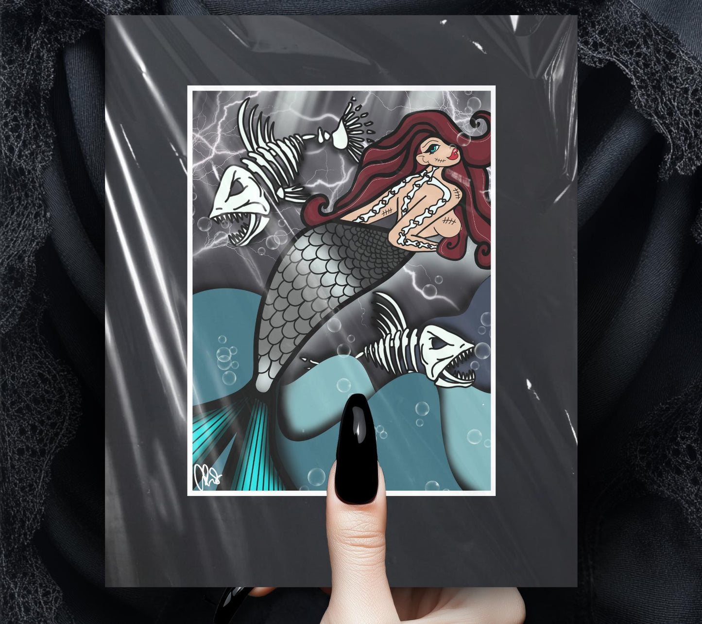 Skeleton Mermaid & Dead Sea Gothic Art Print – Haunting Red-Haired Siren with Dead Fish in Dark Ocean, 11x14 Matted Unique Decor