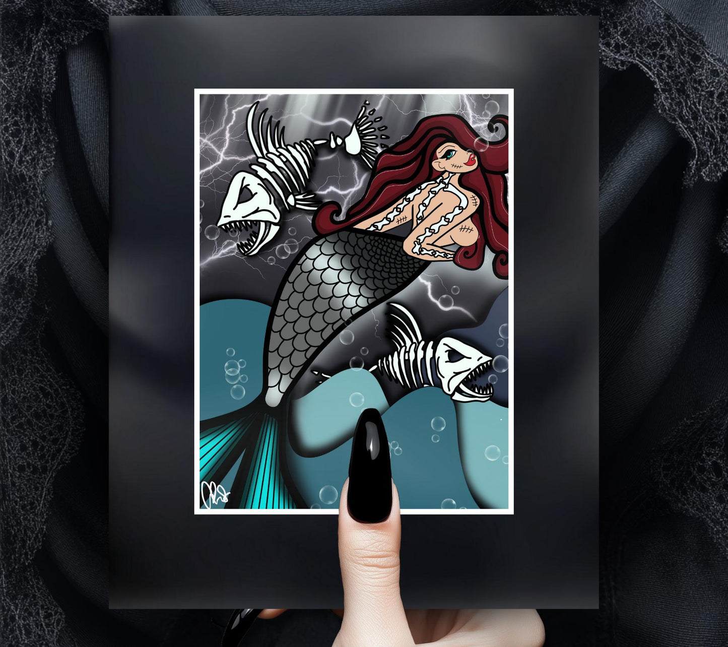 Skeleton Mermaid & Dead Sea Gothic Art Print – Haunting Red-Haired Siren with Dead Fish in Dark Ocean, 11x14 Matted Unique Decor