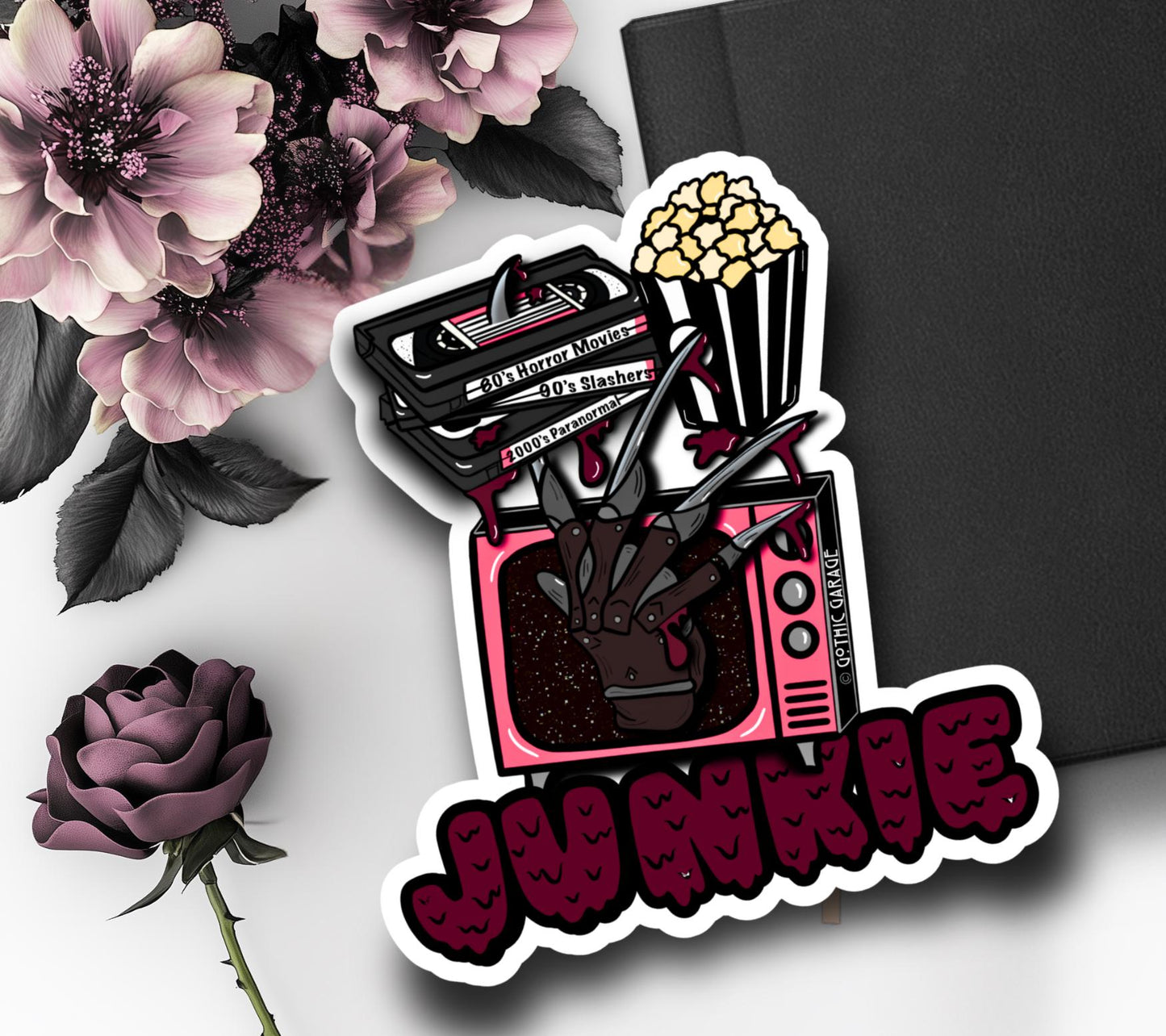 Retro Vintage Horror Junkie, Waterproof Die Cut Sticker, Choose Between Glossy or Holographic, Perfect to Add Fun to any Surface