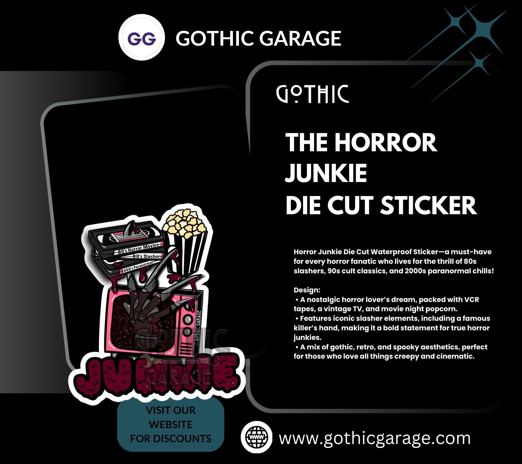 Retro Vintage Horror Junkie, Waterproof Die Cut Sticker, Choose Between Glossy or Holographic, Perfect to Add Fun to any Surface