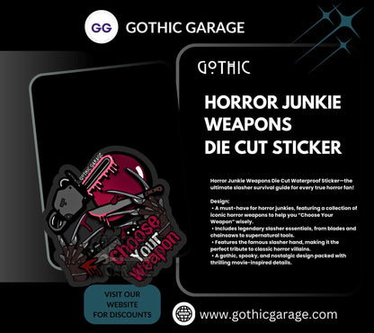 Horror Junkie Weapons, Waterproof Die Cut Sticker, Choose Between Glossy or Holographic, Perfect to Add Retro & Vintage Fun to any Surface