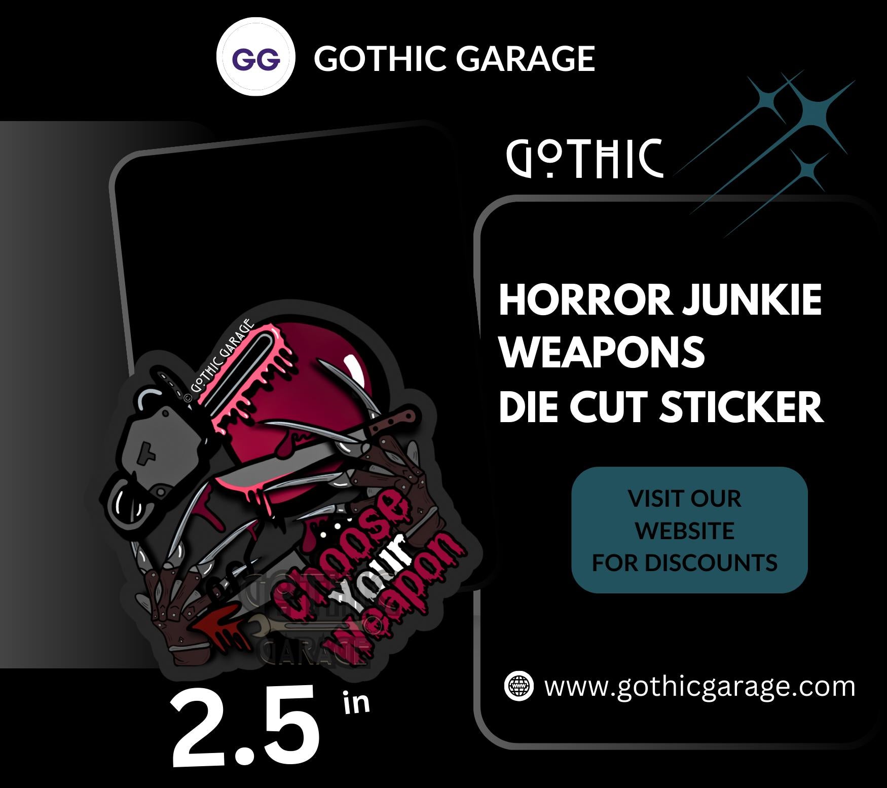 Horror Junkie Weapons, Waterproof Die Cut Sticker, Choose Between Glossy or Holographic, Perfect to Add Retro & Vintage Fun to any Surface