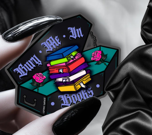 Gothic Book Nerd Coffin, Waterproof Die Cut Sticker, Choose Between Glossy or Holographic, Perfect to Add Fun to any Surface