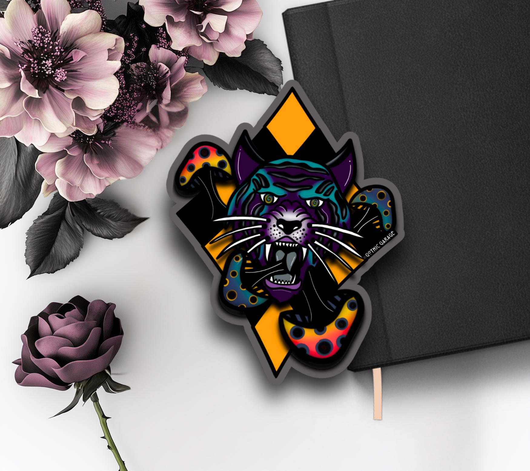 Dangerous Goth Mushroom Tiger, Waterproof Die Cut Sticker, Choose Between Glossy or Holographic, Perfect to Add Fun to any Surface