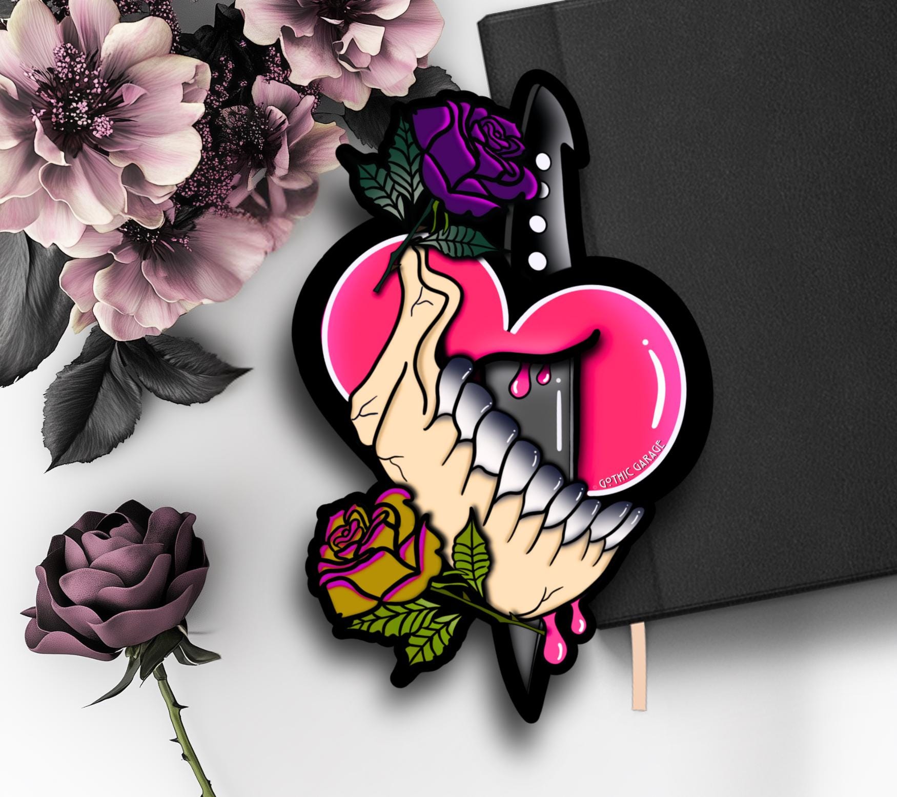 Dark Oddity Romance Waterproof Sticker - Skeleton Bone & Roses, Glossy or Holographic Options - Perfect for Laptops, Journals and Much More