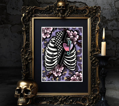 Punk Skeleton Rib Cage & Cherry Blossoms- 11x14 Matted Art Print, Gothic and Alternative Wall Decor