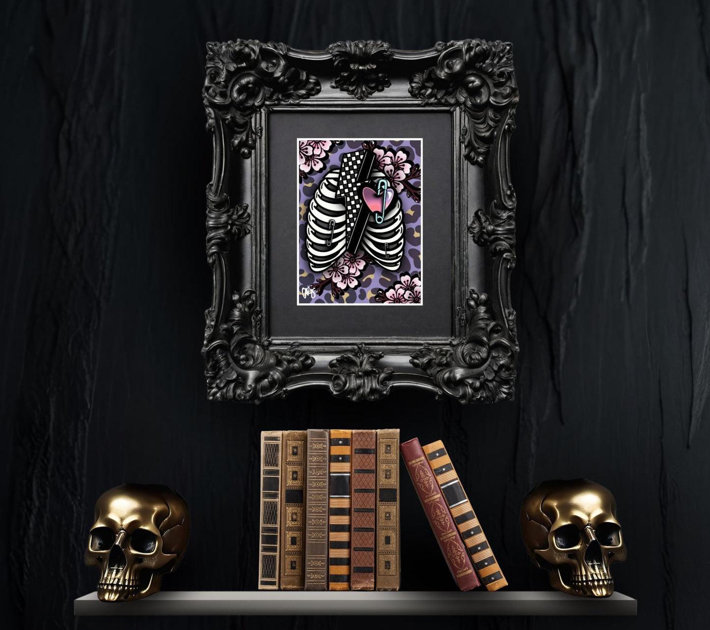 Punk Skeleton Rib Cage & Cherry Blossoms- 11x14 Matted Art Print, Gothic and Alternative Wall Decor