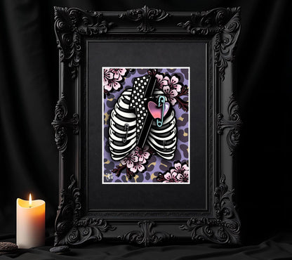 Punk Skeleton Rib Cage & Cherry Blossoms- 11x14 Matted Art Print, Gothic and Alternative Wall Decor