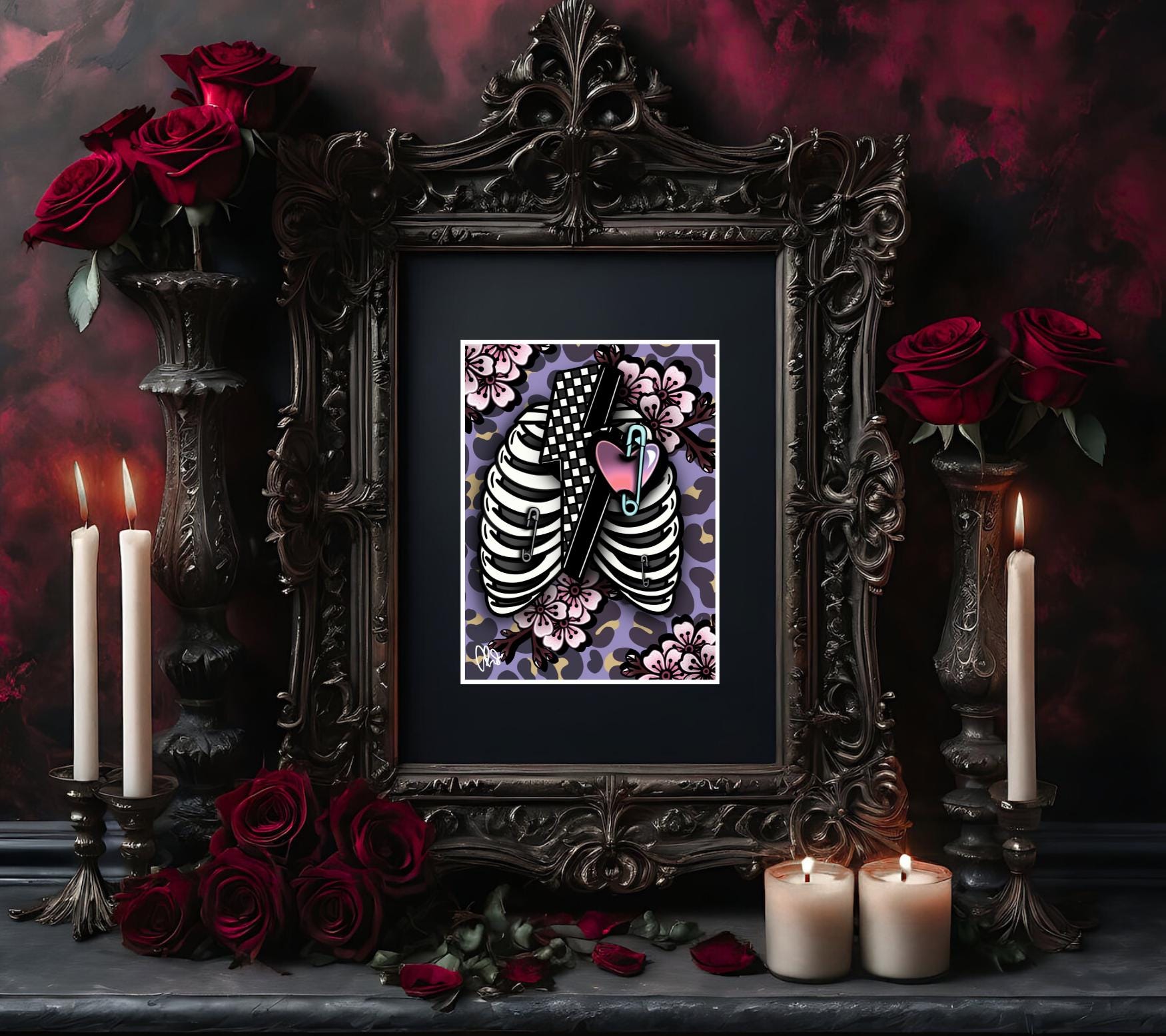 Punk Skeleton Rib Cage & Cherry Blossoms- 11x14 Matted Art Print, Gothic and Alternative Wall Decor