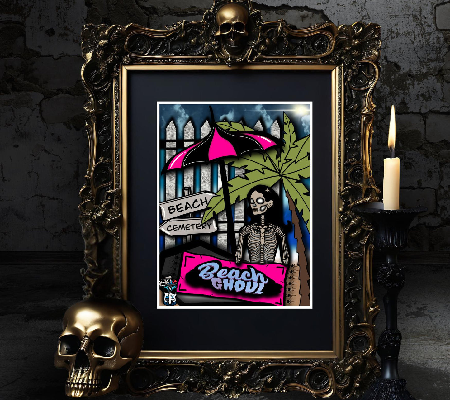 Skeleton Beach Ghoul - Matted Gothic Art Print, Dark Fantasy Wall Art 11x14 Handcrafted in Florida