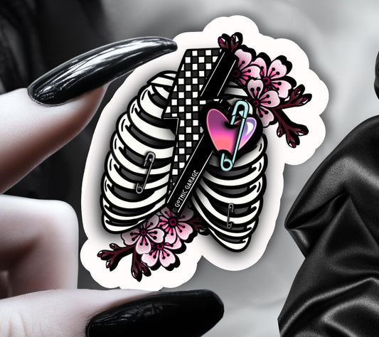 Punk Skeleton Rib Cage & Cherry Blossoms, Waterproof Die Cut Sticker, Choose Between Glossy or Holographic