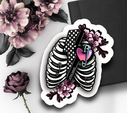 Punk Skeleton Rib Cage & Cherry Blossoms, Waterproof Die Cut Sticker, Choose Between Glossy or Holographic