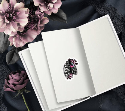 Punk Skeleton Rib Cage & Cherry Blossoms, Waterproof Die Cut Sticker, Choose Between Glossy or Holographic