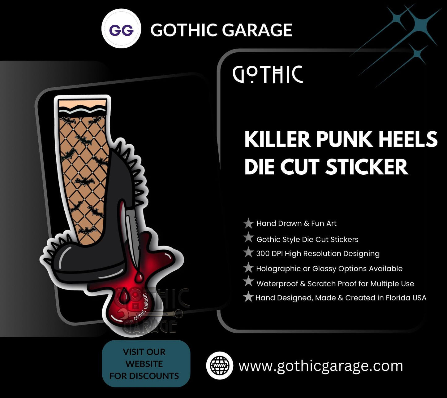 Killer Punk Heels, Waterproof Die Cut Sticker, Choose Between Glossy or Holographic, Perfect to Add Fun to any Surface