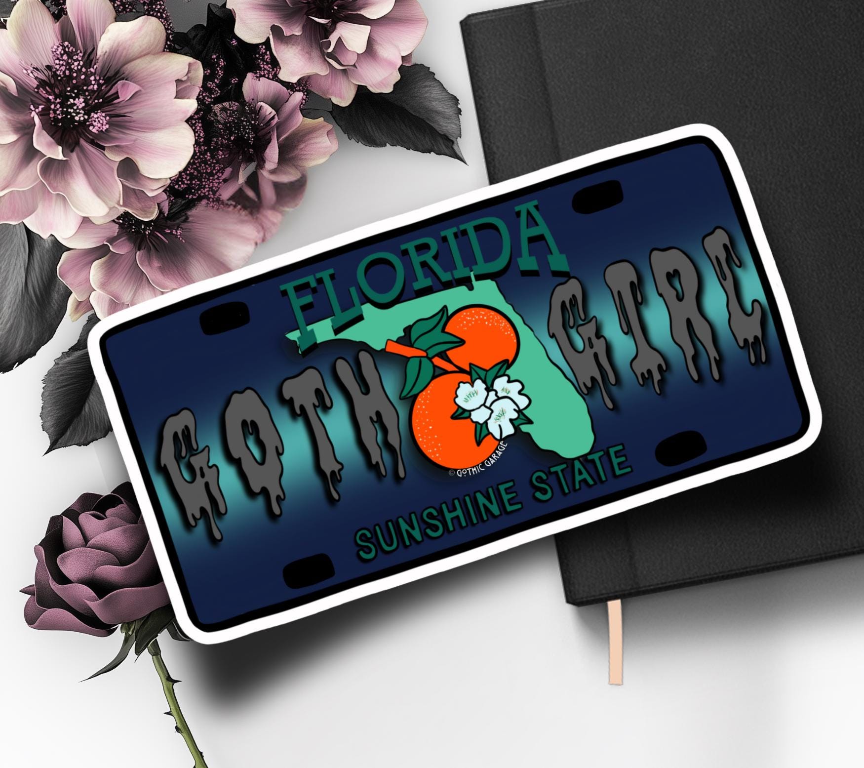 State Goth Girl License Plate, Customize Your Waterproof Die Cut Sticker, Choose Between Glossy or Holographic, Perfect Fun to any Surface