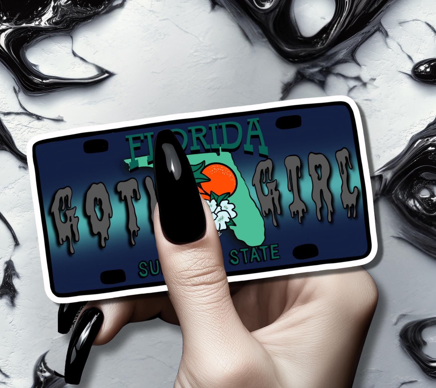 State Goth Girl License Plate, Customize Your Waterproof Die Cut Sticker, Choose Between Glossy or Holographic, Perfect Fun to any Surface