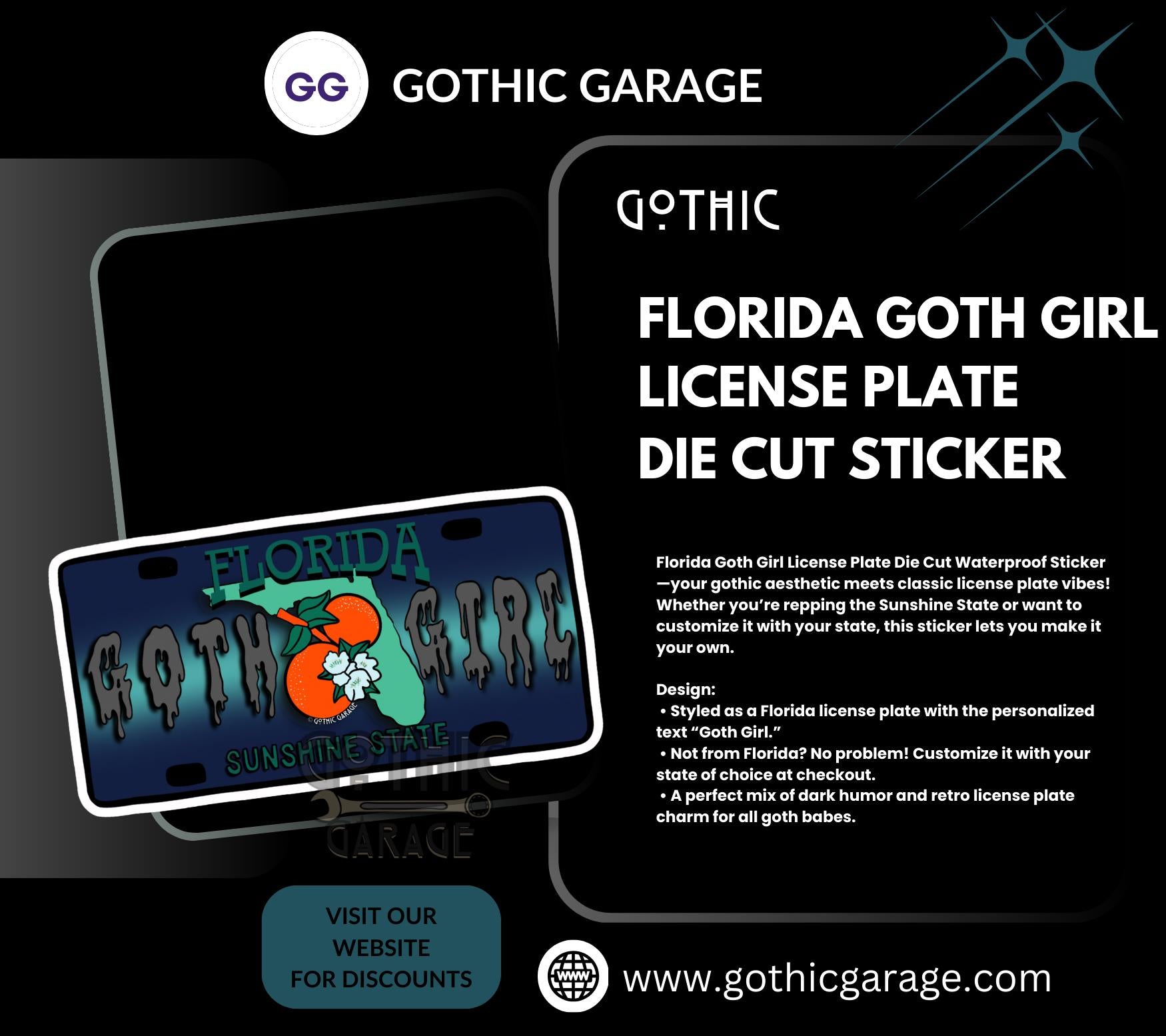 State Goth Girl License Plate, Customize Your Waterproof Die Cut Sticker, Choose Between Glossy or Holographic, Perfect Fun to any Surface
