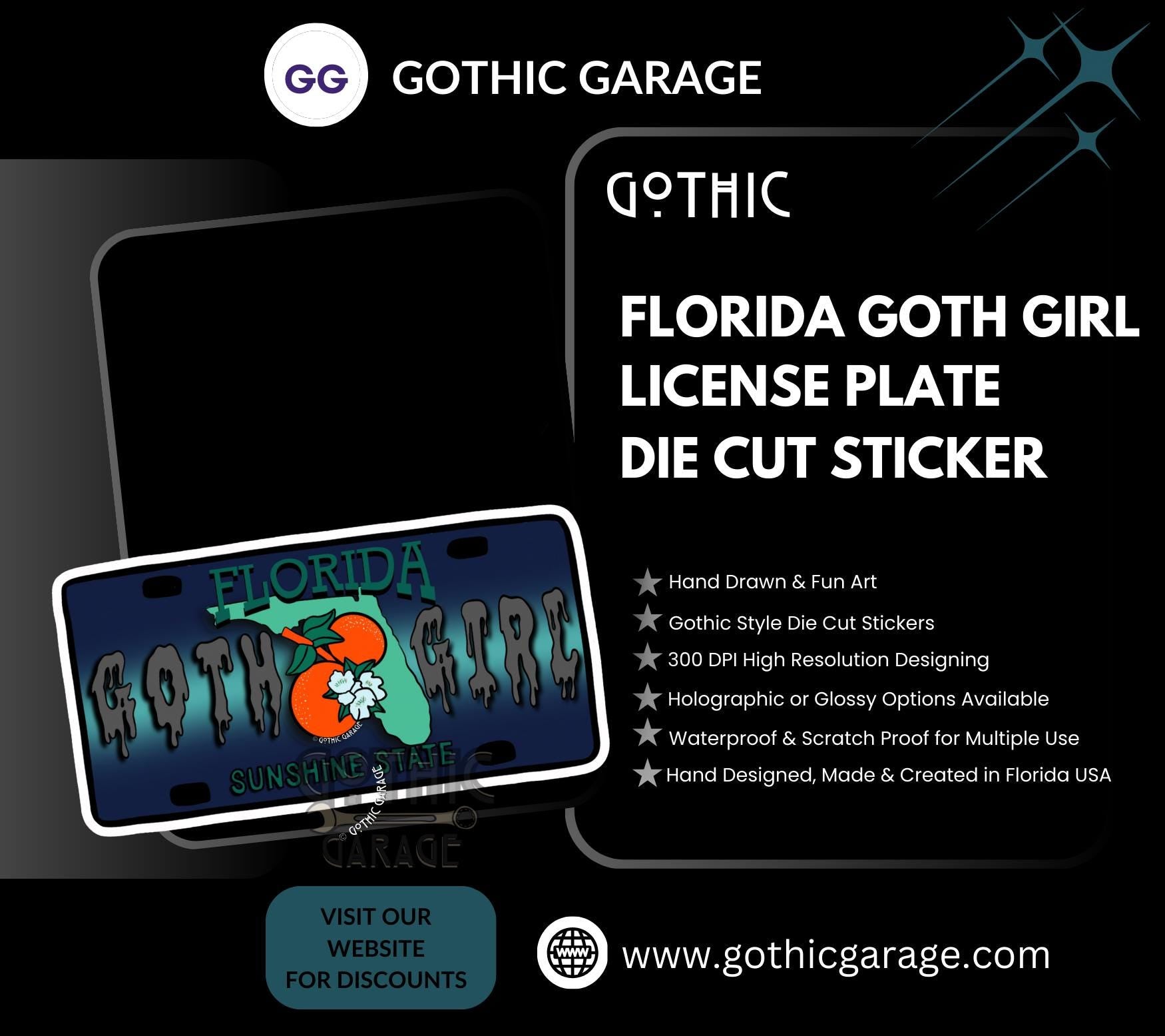 State Goth Girl License Plate, Customize Your Waterproof Die Cut Sticker, Choose Between Glossy or Holographic, Perfect Fun to any Surface