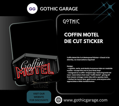 Neon Red Coffin Motel, Waterproof Die Cut Sticker, Choose Between Glossy or Holographic, Perfect to Add Scariness to any Surface