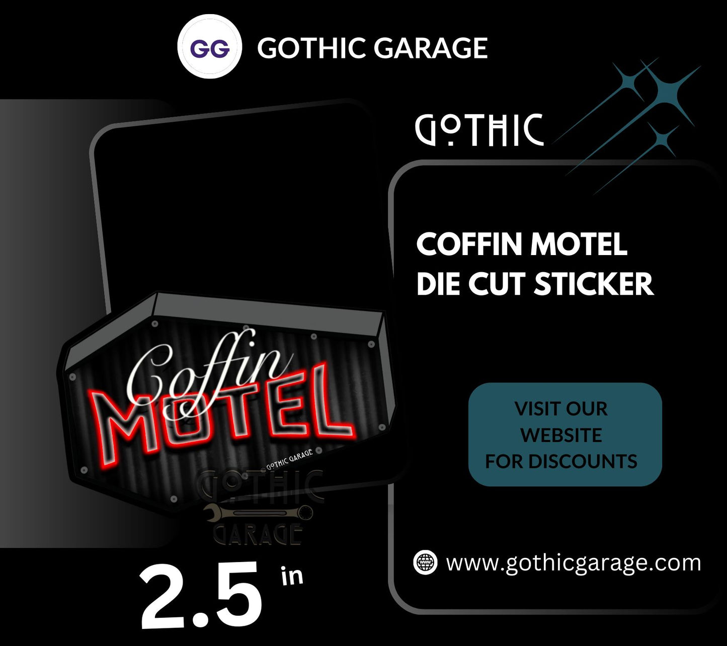 Neon Red Coffin Motel, Waterproof Die Cut Sticker, Choose Between Glossy or Holographic, Perfect to Add Scariness to any Surface