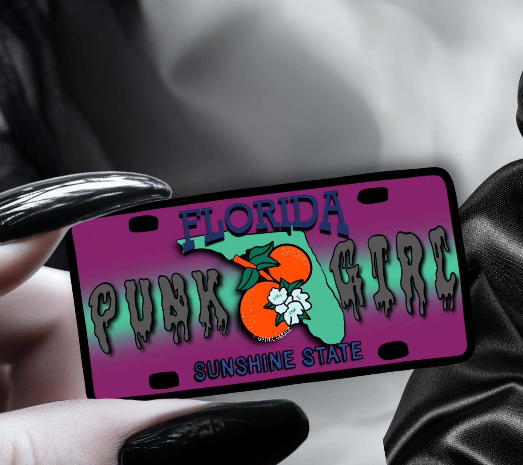 State Goth Girl License Plate, Customize Your Waterproof Die Cut Sticker, Choose Between Glossy or Holographic, Perfect Fun to any Surface