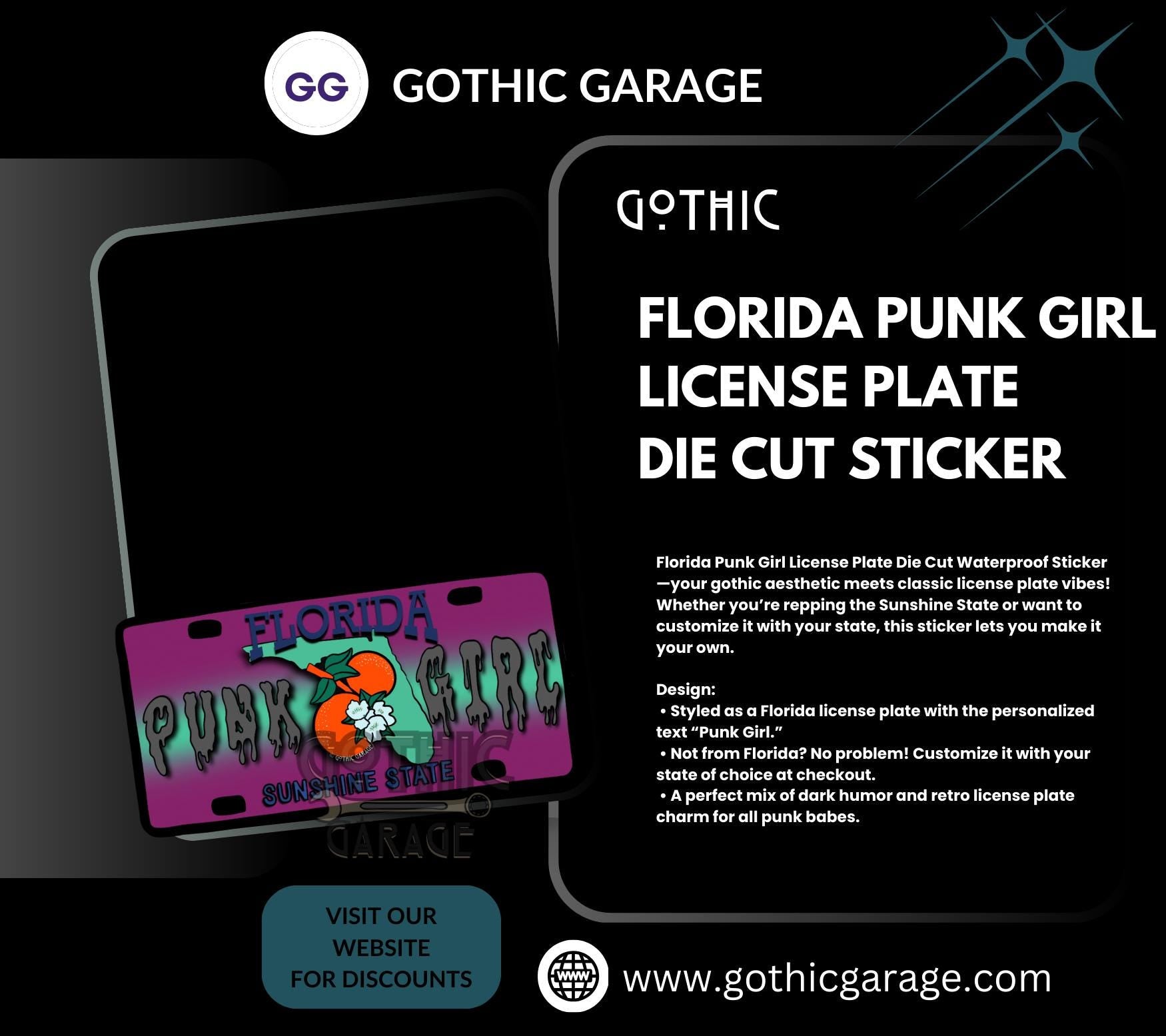 State Goth Girl License Plate, Customize Your Waterproof Die Cut Sticker, Choose Between Glossy or Holographic, Perfect Fun to any Surface