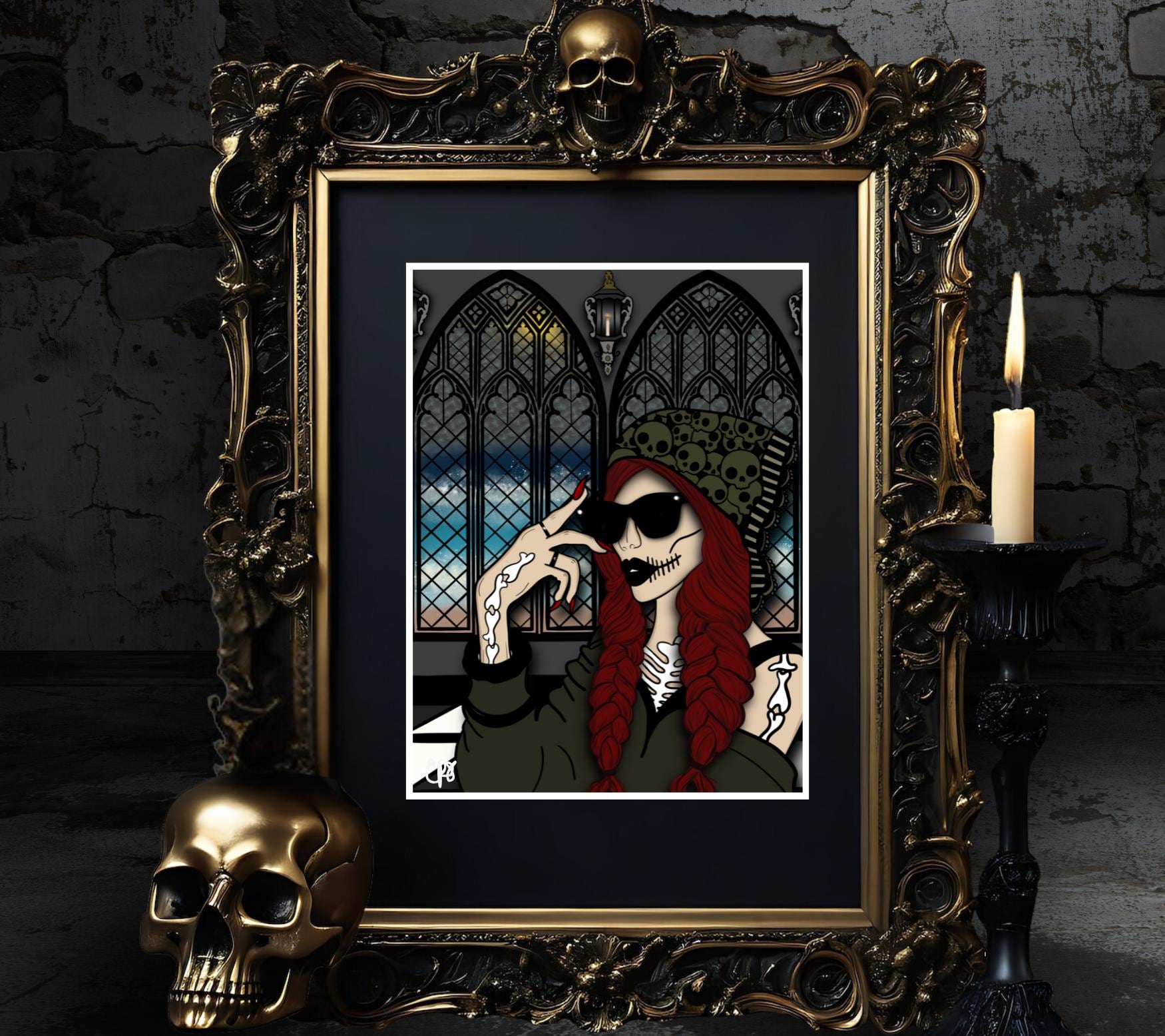 Gothic Church Skeleton Woman Matted Art Print – Hauntingly Beautiful & Mysterious – 11x14 Goth and Dark Macabre Wall Decor