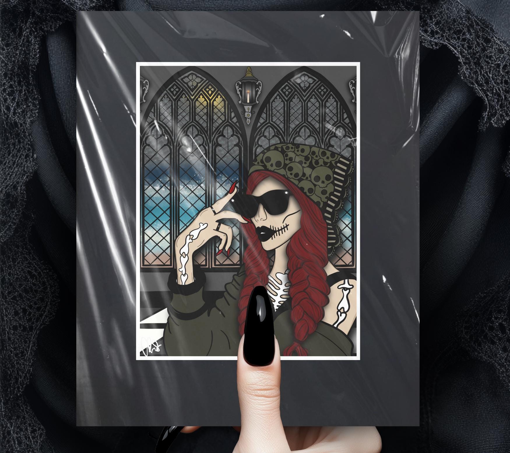 Gothic Church Skeleton Woman Matted Art Print – Hauntingly Beautiful & Mysterious – 11x14 Goth and Dark Macabre Wall Decor